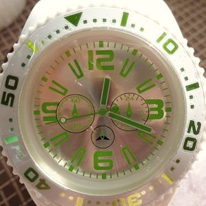 Ladies easy reader, sports watch, w/ big face. White, soft, plastic strap.